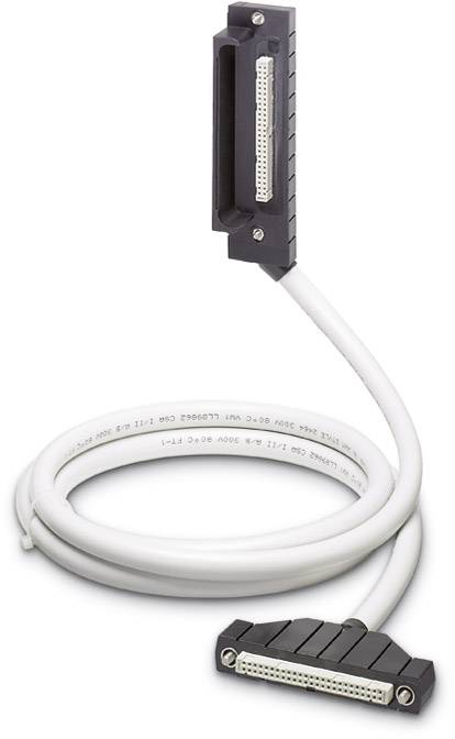 Ein weißes Kabel mit zwei schwarzen Steckverbindern, eines senkrecht stehend, das andere liegend.