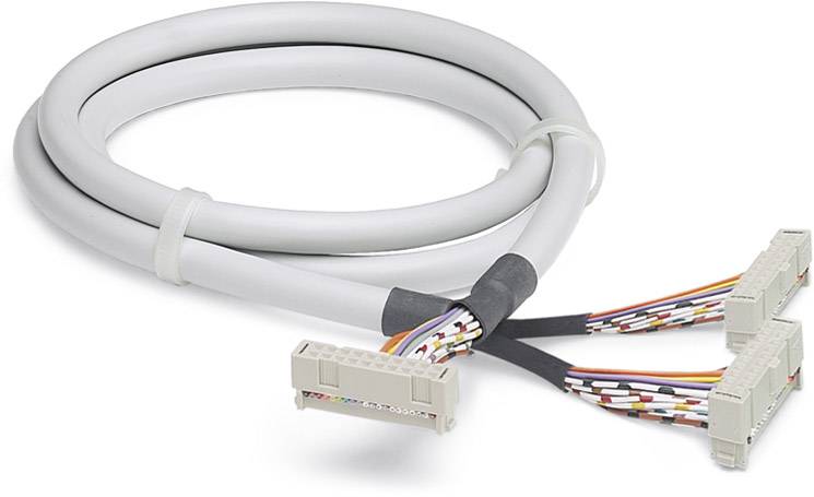 Ein graues, spiralförmig gewickeltes Kabel mit drei Steckverbindungen am Ende. Die Kabeladern sind farbcodiert und gut sichtbar.