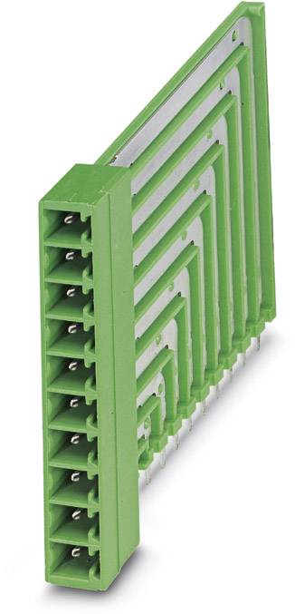 Grüner elektronischer Steckverbinder mit mehreren Pins, in einer diagonalen Ansicht gezeigt. Verwendet für elektrische Verbindungen.