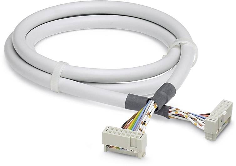 Ein graues, um das sich selbst gewickeltes Kabel mit offenen, farbigen Drähten an beiden Enden, die an Steckern befestigt sind.