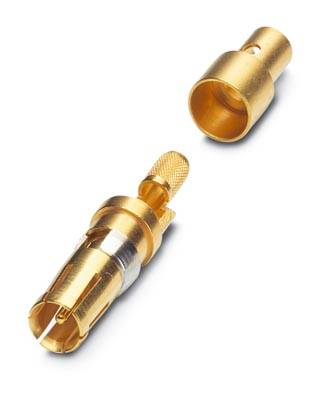 Goldener Koaxial-Stecker mit abnehmbarer Hülse, zeigt die Hauptkomponenten und Bauweise eines Steckverbinders.
