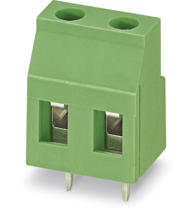 Grüner Steckverbinder mit zwei Anschlüssen und zwei Metallstiften unten, geeignet für elektronische Verbindungen oder Leiterplatten.