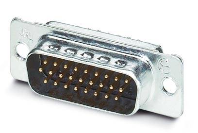 DB-25-Stecker aus Metall mit 25 goldfarbenen Stiften, typischerweise verwendet für serielle oder parallele Verbindungen an Geräten.