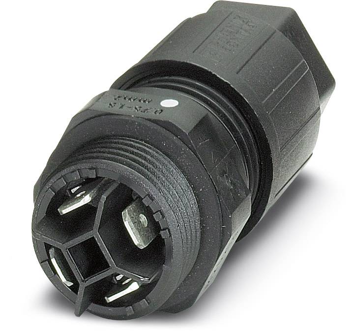 Ein schwarzer industrieller Steckverbinder, bekannt als C16-3, mit einem sechseckigen Anschluss und erhabenen Details auf der Oberfläche.