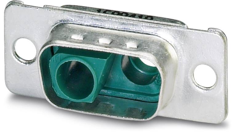 Metallstecker mit grünem Kunststoffgehäuse und zwei Löchern zur Befestigung, vermutlich ein elektrischer Anschlussstecker.