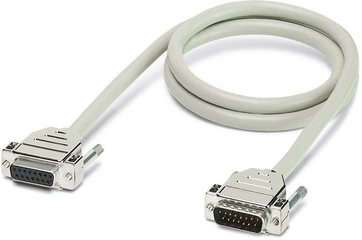 Ein graues serielles Kabel mit zwei DB9-Anschlüssen, einem männlichen und einem weiblichen Stecker, liegt aufgewickelt auf weißem Hintergrund.