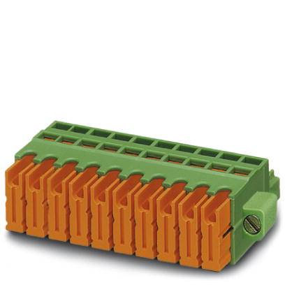 Ein grüner Steckverbinder mit orangefarbenen Klemmen, geeignet für die Verbindung elektrischer Leitungen, linksseitige Schraube sichtbar.