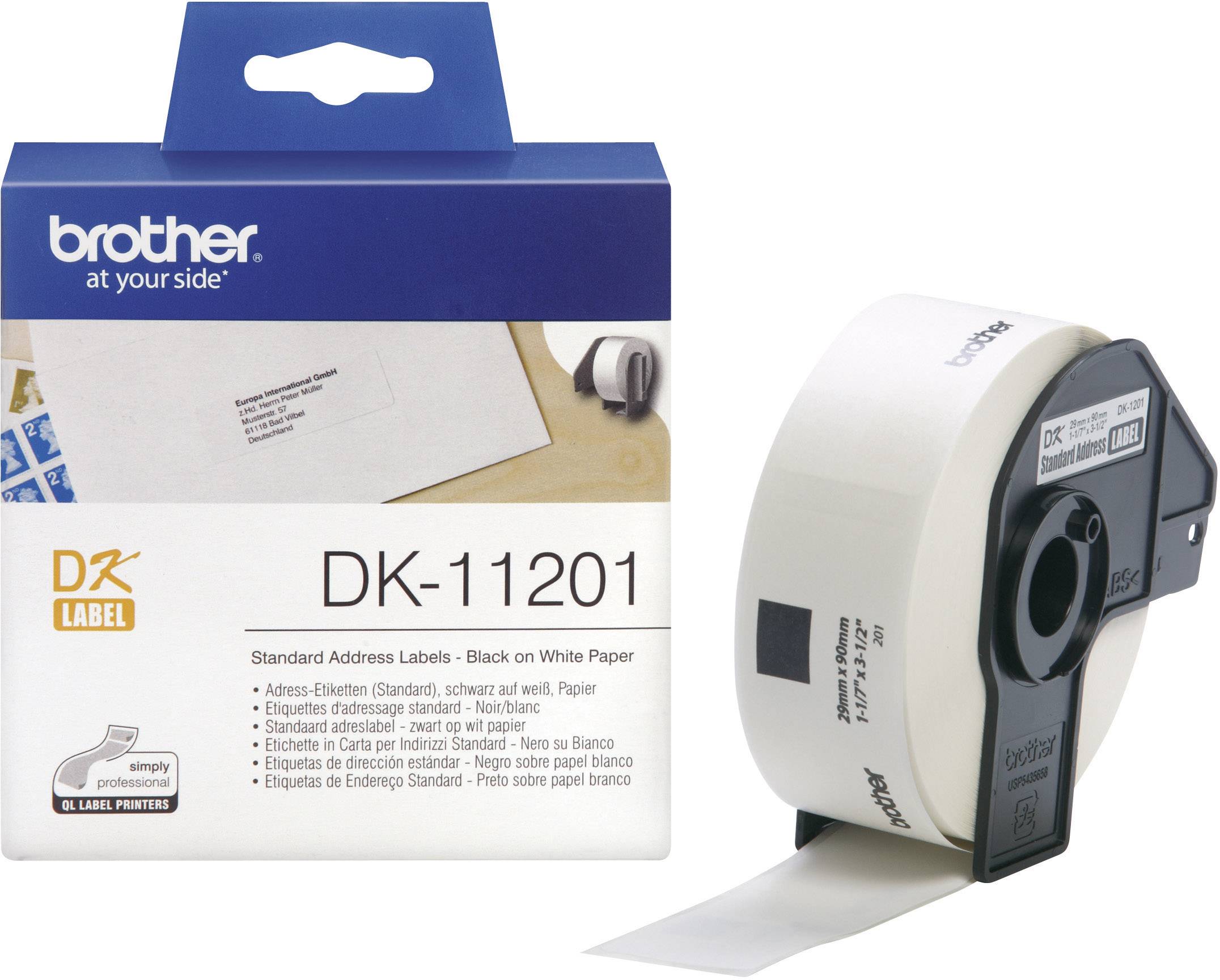 Etikettenrolle DK-11201 von Brother für Adressetiketten. Verpackung zeigt Beispieletikett, ideal für Drucker, schwarz auf weißem Papier.