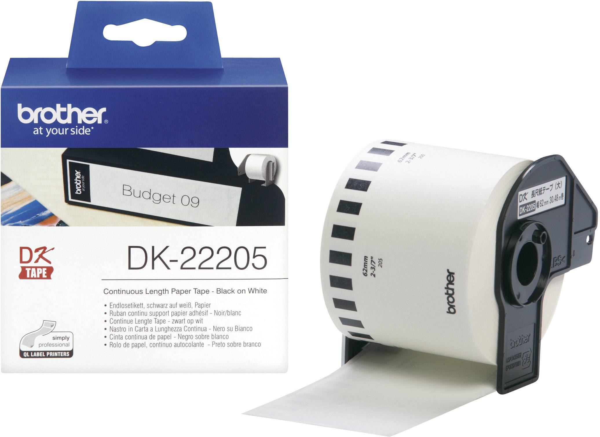 'Brother DK-22205' Endlos-Papieretikettenrolle, schwarz auf weiß. Verpackung und Rolle abgebildet, geeignet für Etikettendrucker.