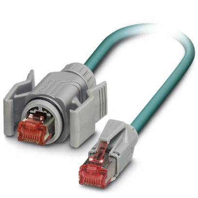 Ein graues Kabel mit roten RJ45-Steckern an beiden Enden, das für Netzwerkverbindungen verwendet wird.