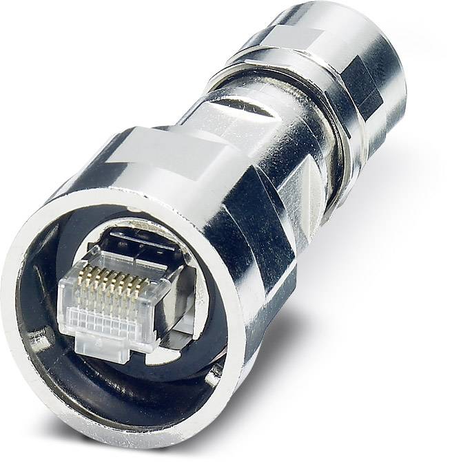 Stecker in Nahaufnahme, wahrscheinlich ein Koaxialkabel-Stecker, zeigt ein RJ-45-Anschluss im Inneren.