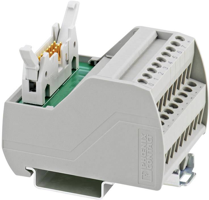 Verdrahtungsklemme mit grauem Gehäuse und nummerierten Anschlussklemmen. Markenname 'Phoenix Contact' sichtbar.