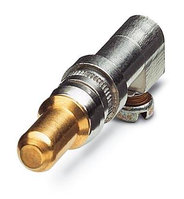 Ein Metallstecker mit goldener Spitze, konzipiert für den elektrischen Anschluss, liegt diagonal auf einer weißen Fläche.