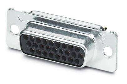 Ein metallener D-Sub-Anschluss mit mehreren Löchern für Stifte, montiert auf einer rechteckigen Platte mit zwei Befestigungslöchern.