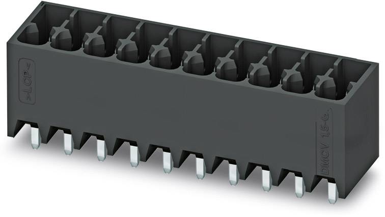 Schwarzer Anschlussblock mit zehn Pins unten und passend für Stecker auf der oberen Seite. Geeignet für elektrische Verbindungen.