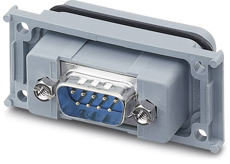Ein grauer D-Sub-Stecker mit blauer Buchse und neun Pins, passend für elektronische Verbindungen und Befestigung in Geräten.