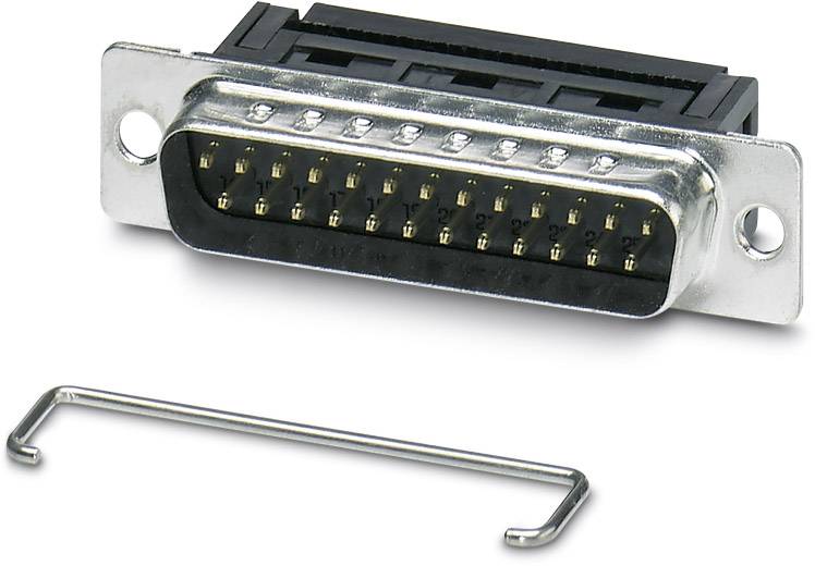 Metallstecker mit 24 Pins, flache rechteckige Form mit zwei Schraublöchern und einem separaten Metallbügel zur Befestigung.