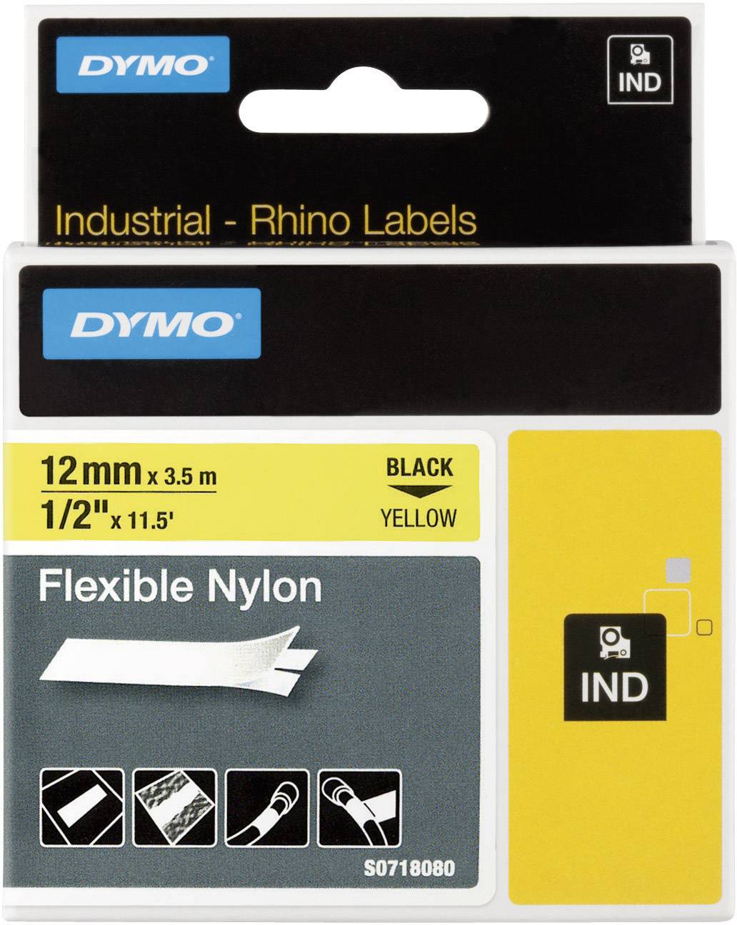 Etikett für Dymo Rhino Labels: 'Flexible Nylon', 12mm x 3,5m, schwarz auf gelb. Piktogramme zeigen Anwendungsmöglichkeiten für Kabel.