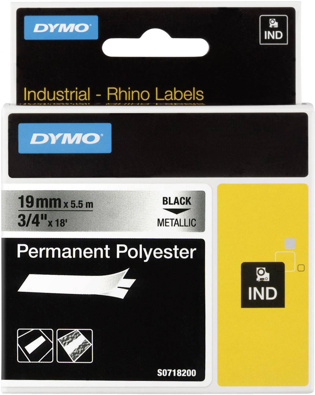 Schwarze, metallische Permanent-Polyester-Etiketten von Dymo. 19 mm x 5,5 m. Für industrielle Anwendungen.