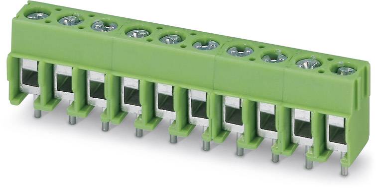 Ein grüner Steckverbinder mit mehreren Steckplätzen und Schraubverbindungen für die elektrische Verkabelung.
