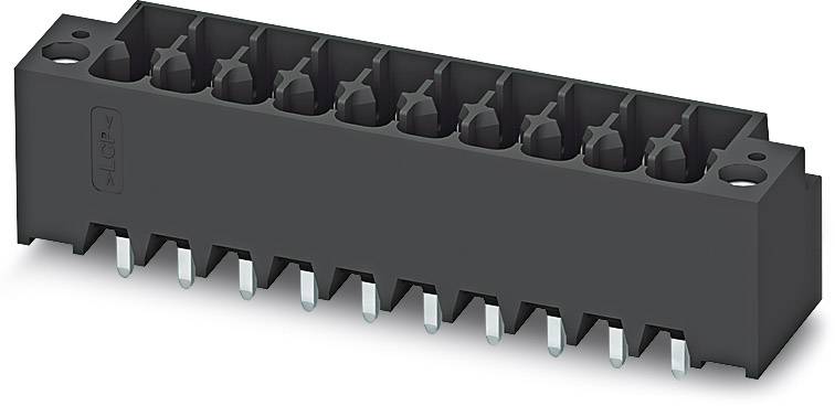 Ein schwarzes elektrisches Steckverbinder-Gehäuse mit mehreren Anschlussklemmen und silbernen Steckern zur Befestigung auf einer Leiterplatte.