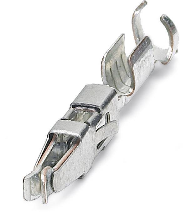 Eine silberne Metallklemme mit zwei gebogenen Haken auf einer Seite, verwendet zur Befestigung in elektrischen Verbindungen.