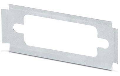 Ein rechteckiges Metallblech mit zwei inneren ovalen Öffnungen, wahrscheinlich ein technisches Bauteil oder Halterung.