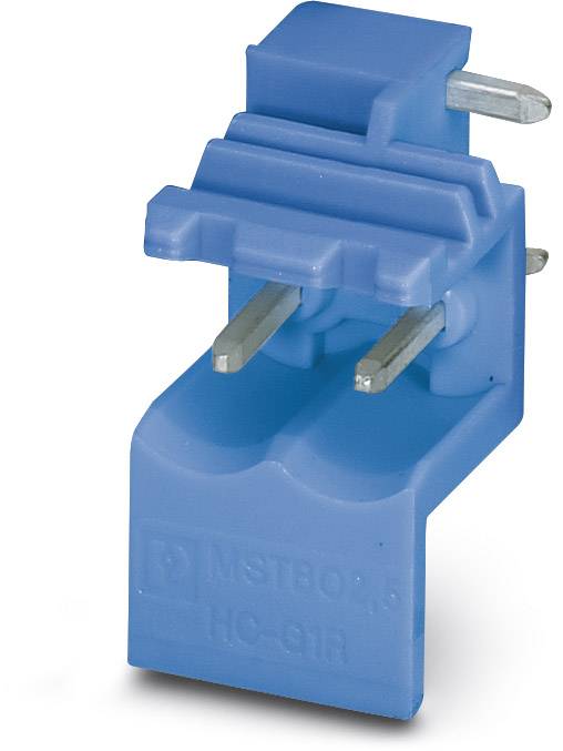 Ein blauer Steckverbinder mit zwei Metallanschlüssen, geeignet für elektronische Geräte. Auf der Seite steht 'MSTB 2,5/5 HC-611'.