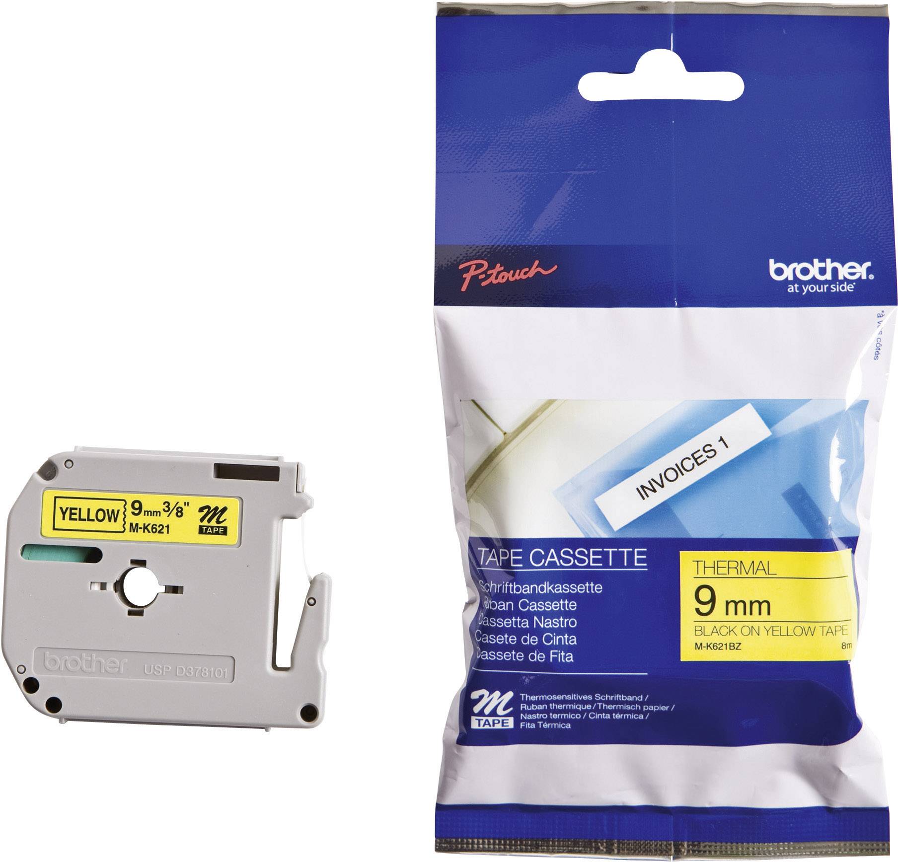 Verpackung einer Brother P-touch Thermobandkassette mit Thermoband daneben. Gelbes 9mm-Band; geeignet für Etikettierung.