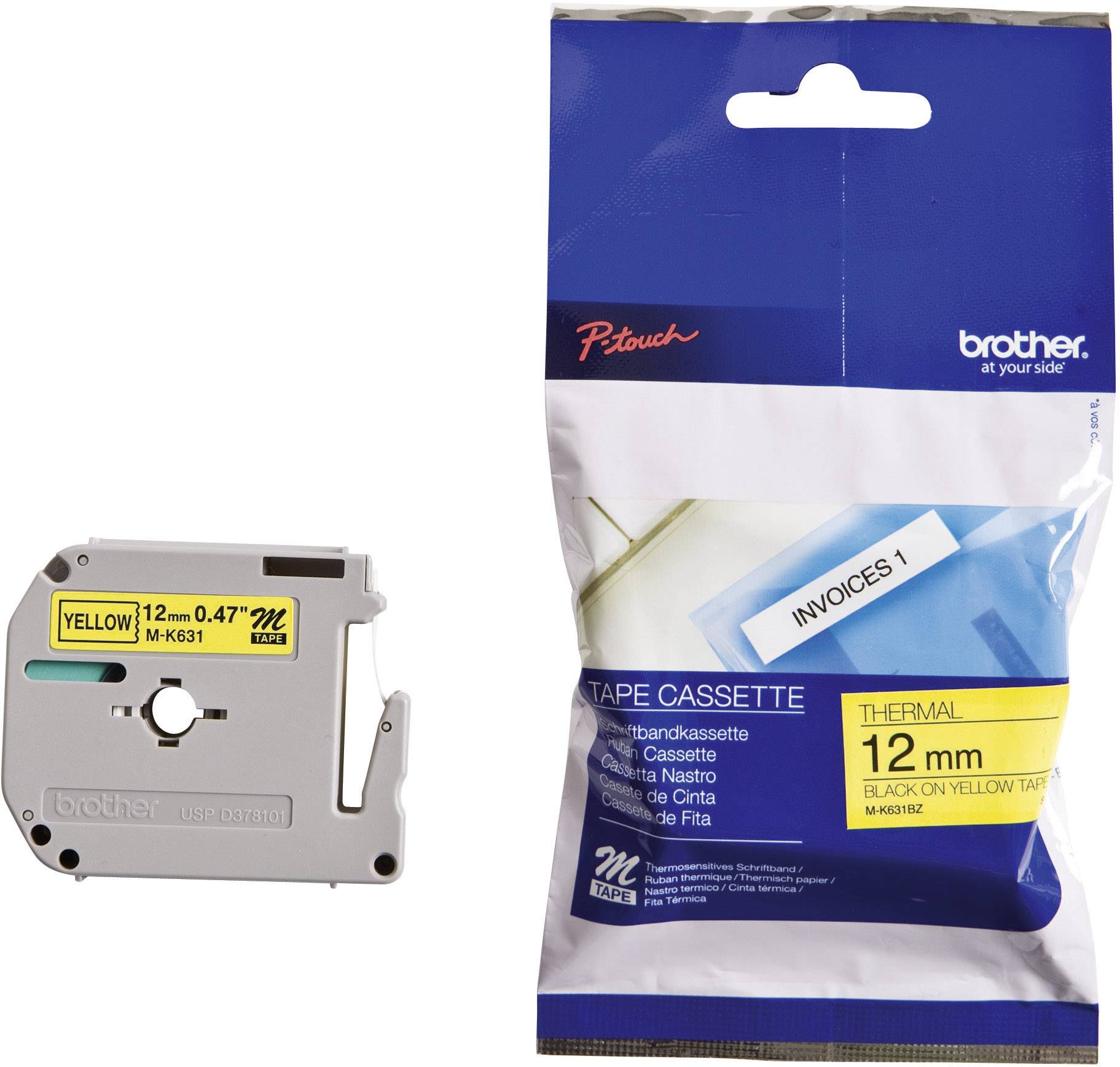 Thermo-Etikettenkassette Brother P-Touch, 12 mm breit, schwarz auf gelb, geeignet für Beschriftungsgeräte. Verpackt neben Kassette.