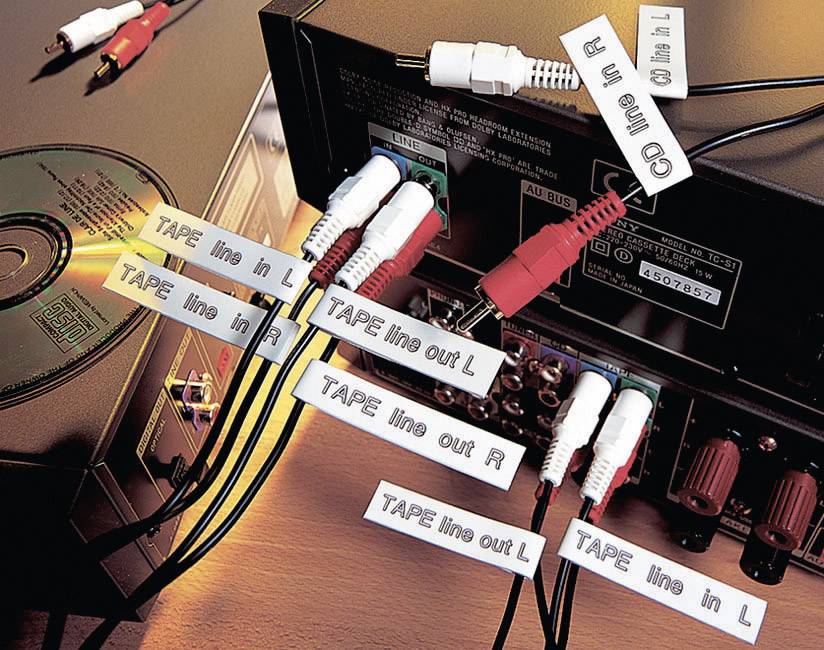 Rückseite eines Audiogeräts mit mehreren angeschlossenen Kabeln. Jedes Kabel ist mit Etiketten wie 'TAPE line in' und 'CD line in' beschriftet.