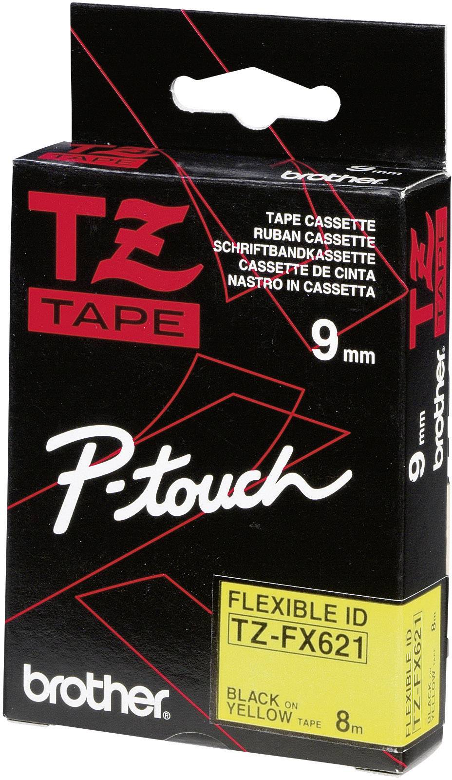 'P-touch' Brother-Kassette, 9 mm, flexible ID TZ-FX621, schwarzer Text auf gelbem Band, 8 Meter Länge; Verpackungsvorderseite.