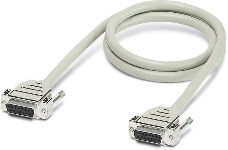 Graues, geschirmtes Kabel mit zwei parallel-geschlossenen 15-poligen D-Sub-Steckverbindern, geeignet für Datenübertragungen.