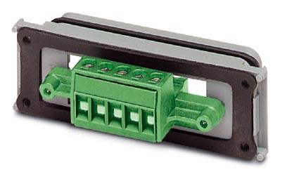 Ein grüner elektrischer Steckverbinder in einem rechteckigen Rahmen, geeignet für Verkabelungs- und Montageanwendungen.