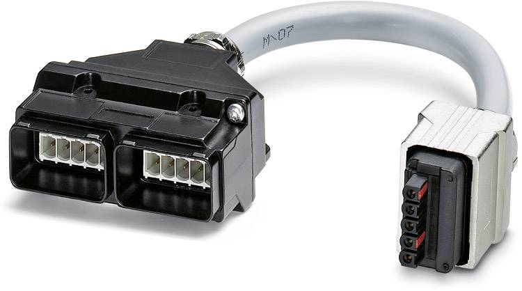 Ein Adapterkabel mit zwei schwarzen Steckverbindern auf der einen Seite und einem grauen, rechteckigen Stecker auf der anderen Seite.