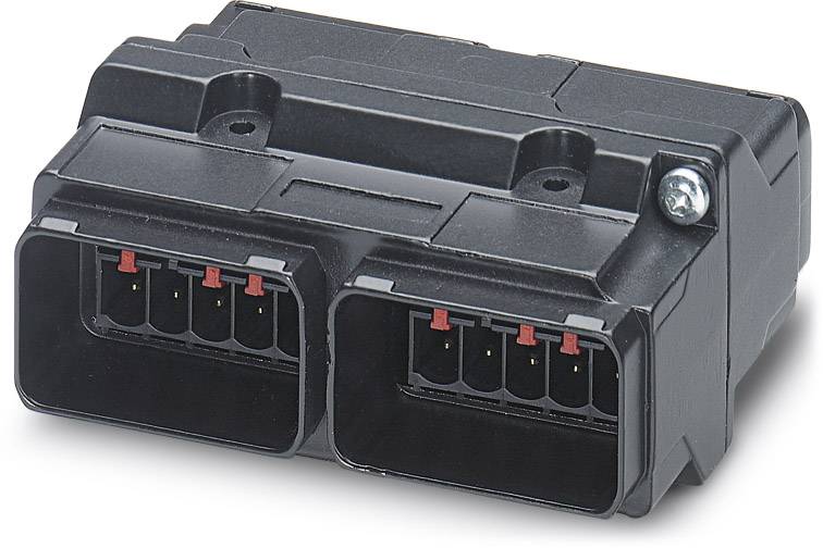 Ein schwarzer elektronischer Stecker mit zwei rechteckigen Anschlüssen und mehreren Metallpins.
