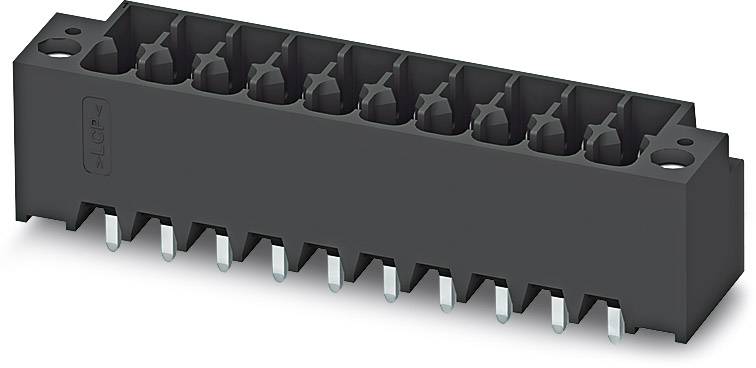 Schwarze Steckverbinderleiste mit mehreren Steckplätzen und Metallstiften unten, geeignet für elektronische Anwendungen.