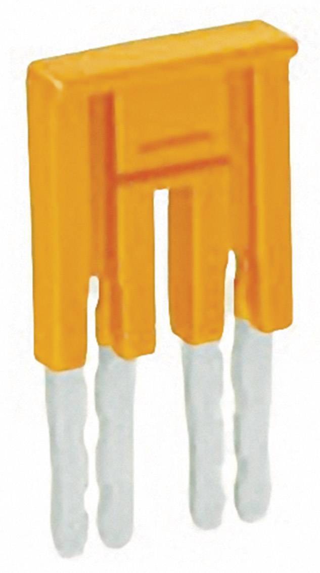 Ein orangefarbener PC-Jumper mit drei Steckzähnen und zwei Kontaktbrücken.