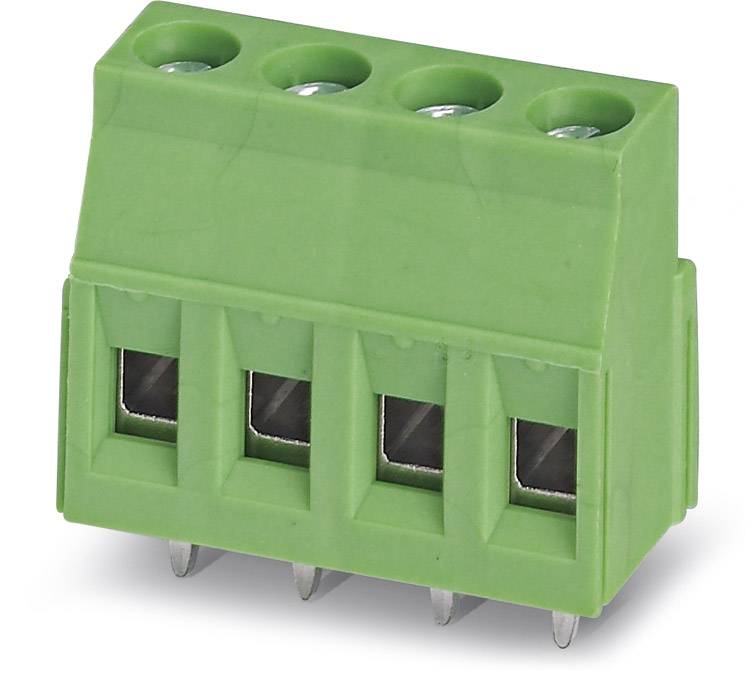 Grüne, vierpolige Schraubklemme für elektrische Verbindungen, mit vertikalen Anschlüssen und sichtbaren Schraubköpfen oben.