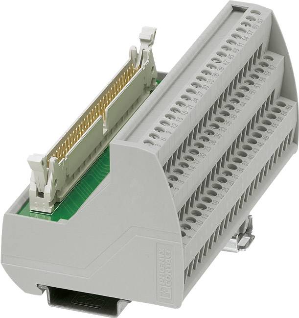 Ein graues, dreistöckiges elektrisches Anschlussmodul mit Leiterplattenanschluss von Phoenix Contact, geeignet zur Verdrahtung von elektrischen Signalen.