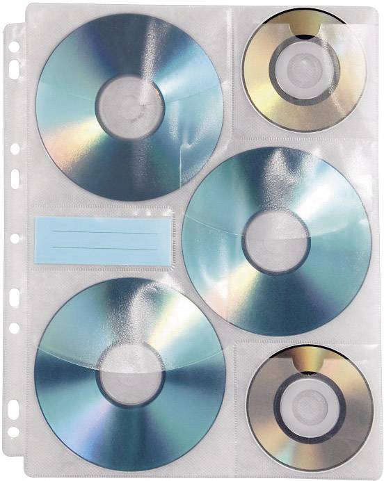 Fünf optische Discs in einer Kunststoffhülle mit Einsteckfächern. Die Discs reflektieren Licht, was bunte Effekte erzeugt.