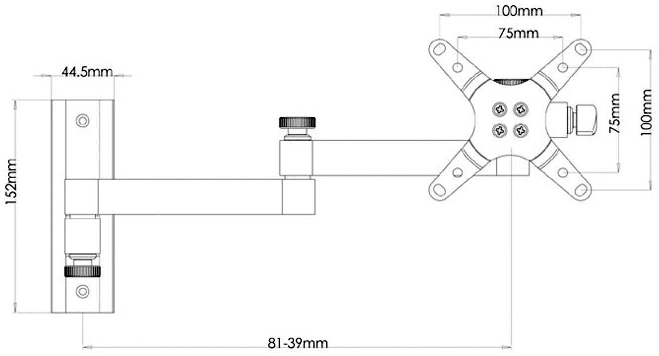 Technische Zeichnung einer verstellbaren Monitorhalterung mit Abmessungen: Wandabstand 81-391 mm, VESA-Muster 75x75 oder 100x100 mm.