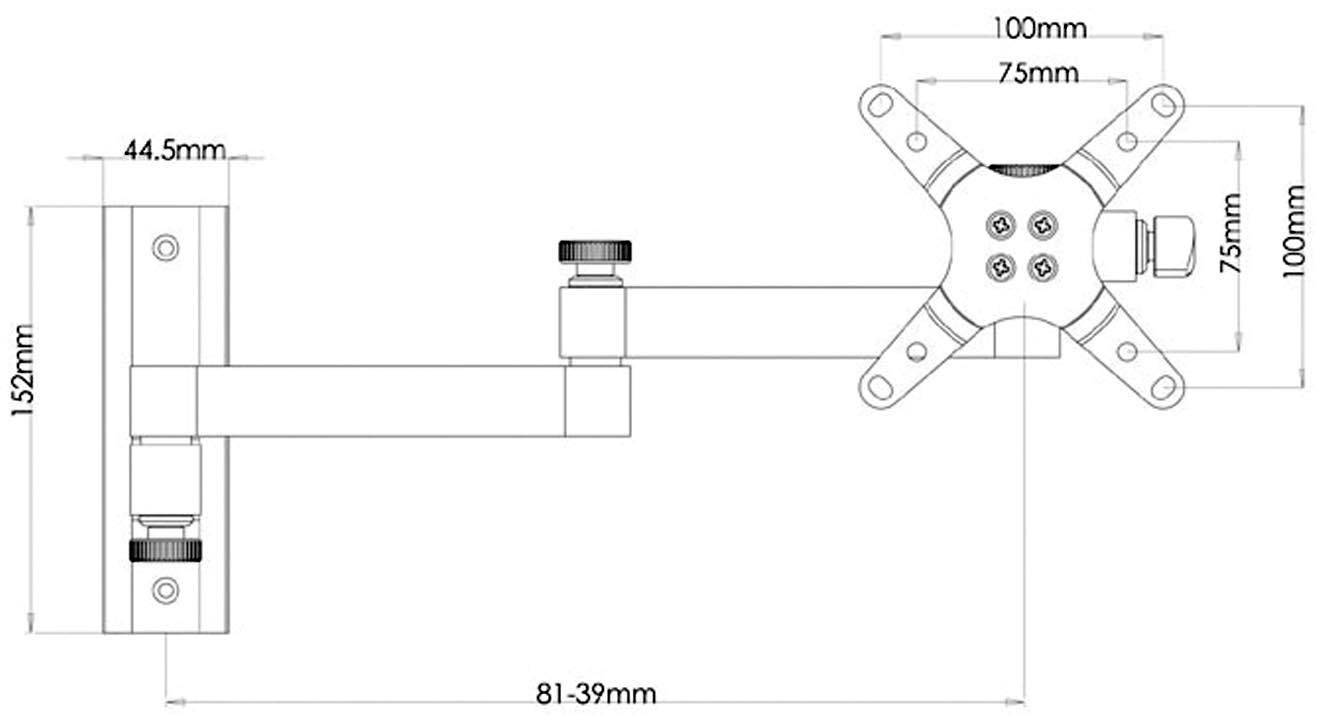 Technische Zeichnung einer verstellbaren Monitorhalterung mit Maßen: 152mm Höhe, 44,5mm Breite, 75-100mm VESA-Kompatibilität.