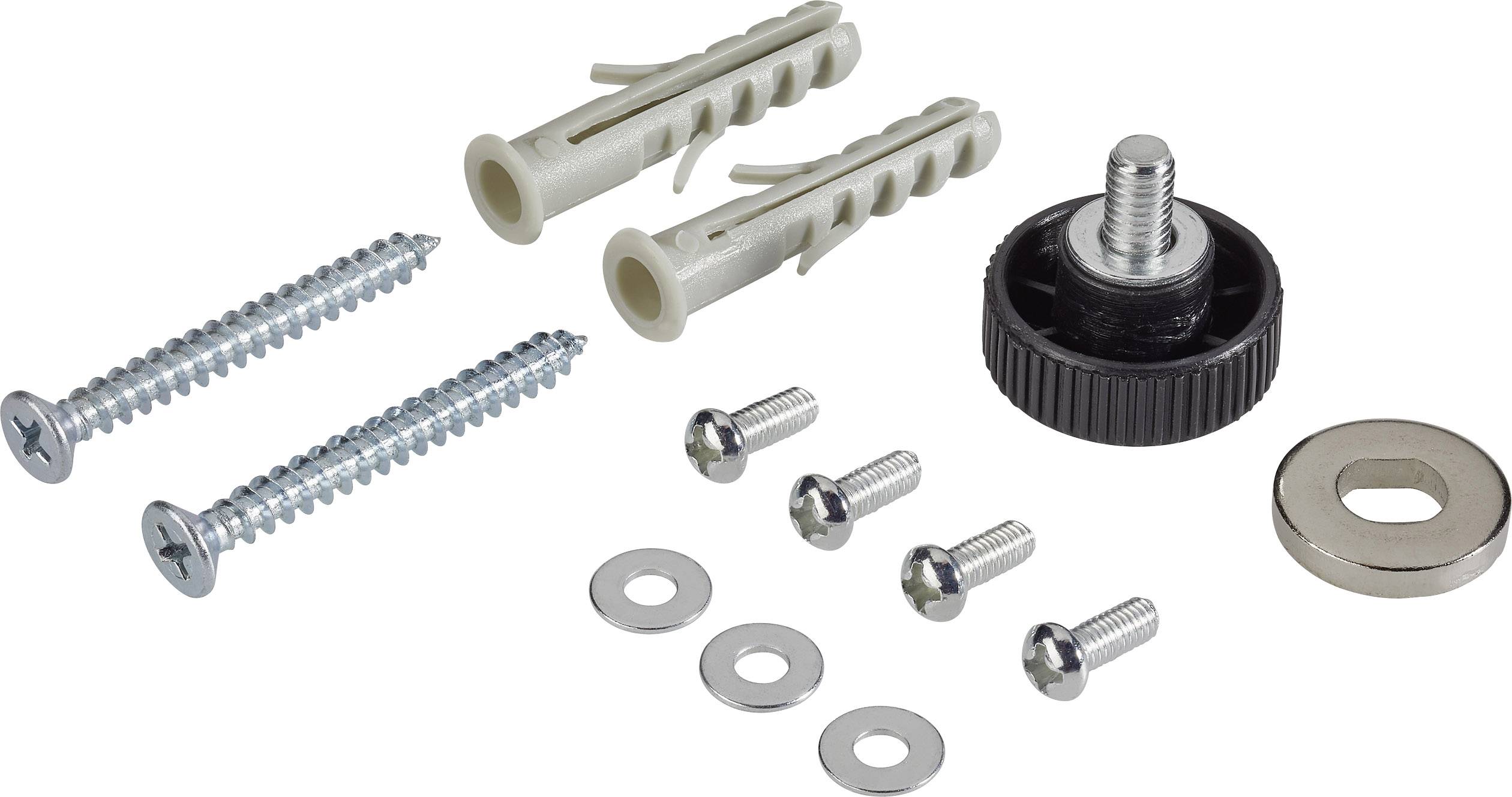 Schraubenset mit Dübeln, Unterlegscheiben, Schrauben und Flügelschraube. Verwendet für Befestigungszwecke an Wänden oder Möbeln.