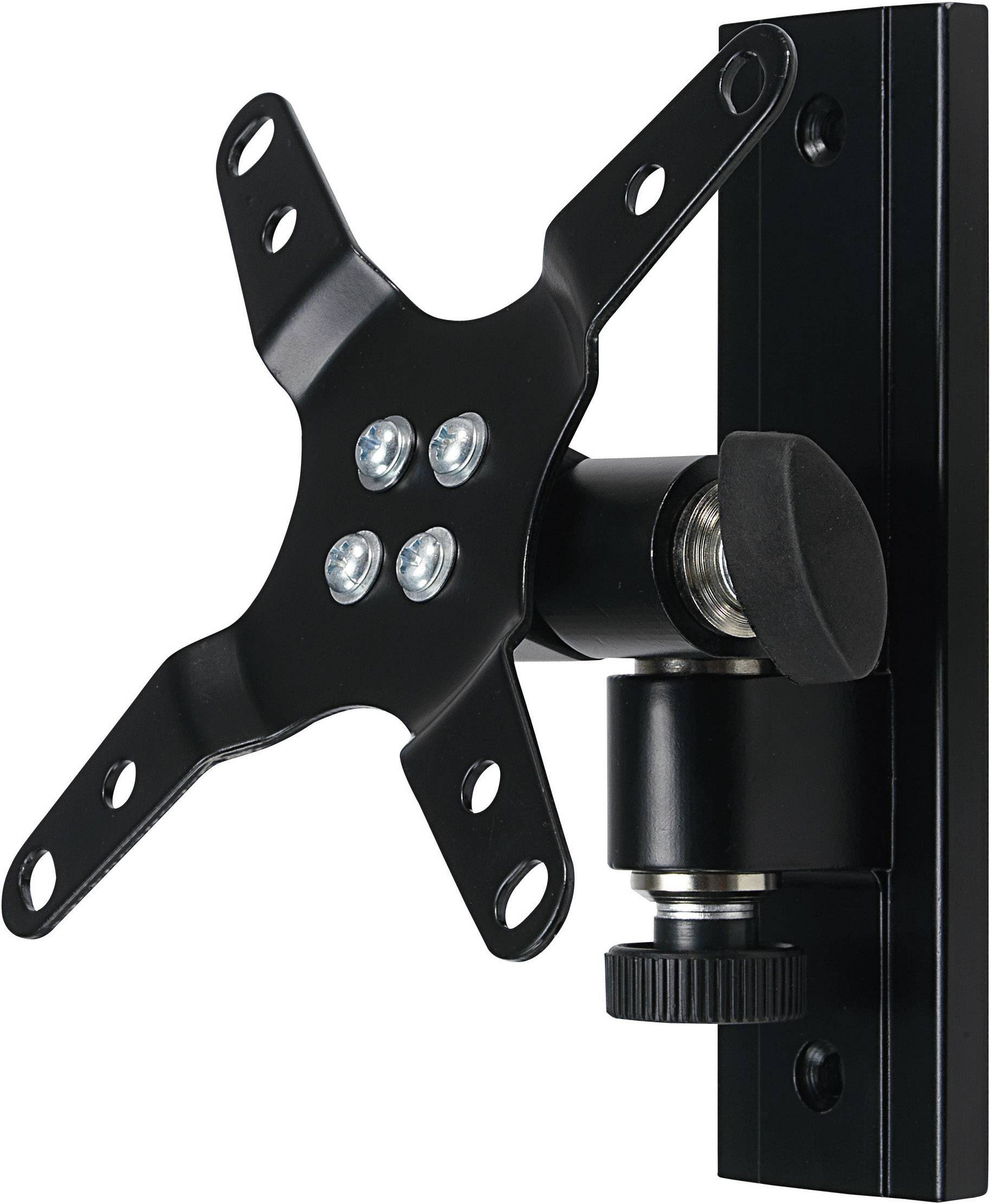 Schwarze, verstellbare Monitorhalterung aus Metall, zeigt die Rückseite mit Befestigungsmöglichkeiten für die Wandmontage.