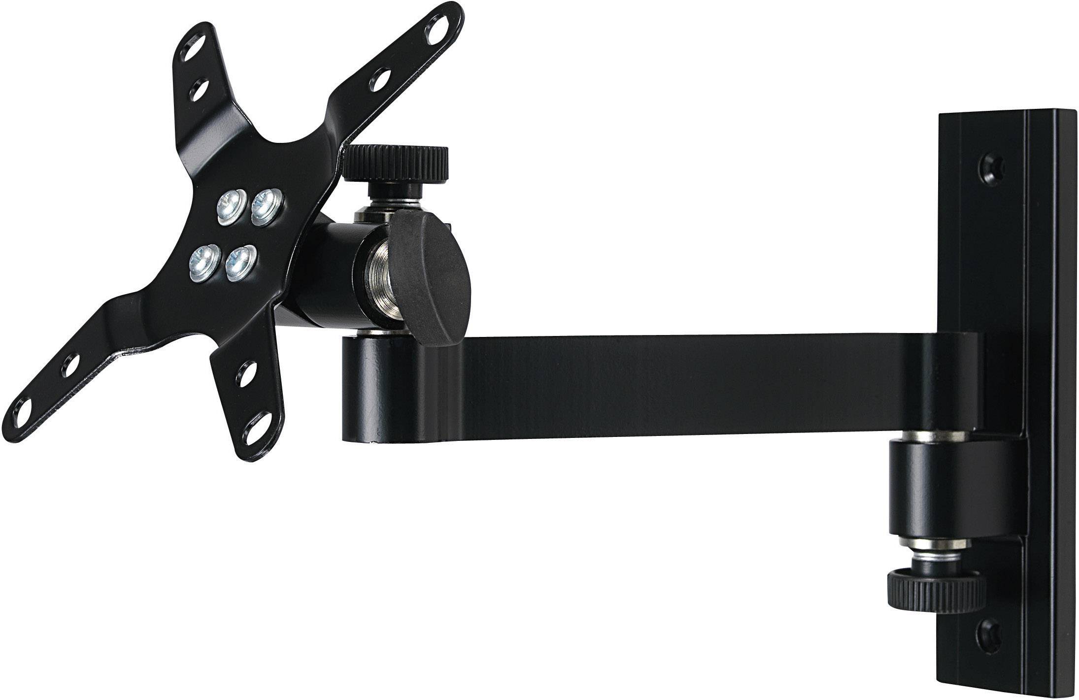 Schwarze TV-Wandhalterung mit schwenkbarem Arm, geeignet für kleine bis mittelgroße Bildschirme, montiert auf einer Metallplatte.