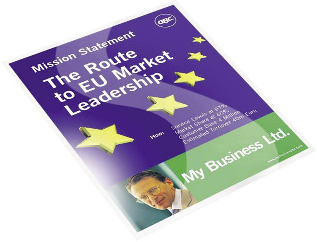 Das Bild zeigt eine Broschüre mit dem Titel 'Mission Statement: The Route to EU Market Leadership' von 'My Business Ltd.', mit drei goldenen Sternen.