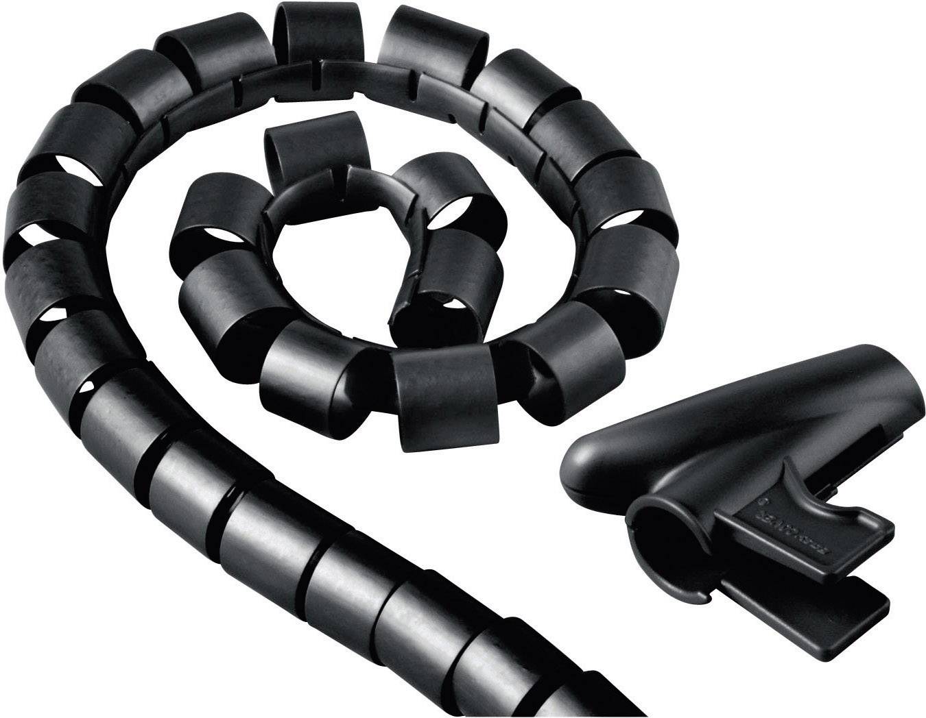 Schwarze Kabelsammelspirale und Clip, ideal zur Kabelorganisation. Die Spirale ist flexibel anpassbar für unterschiedliche Kabeldurchmesser.