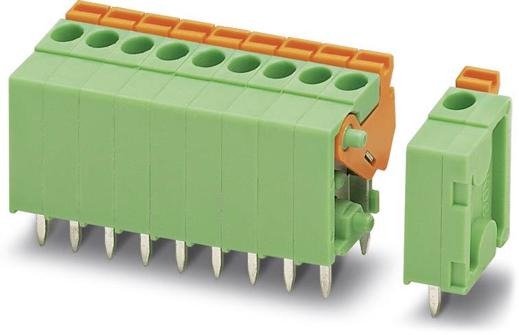 Grüner Steckverbinder mit orangefarbenem Hebel, bestehend aus zwei Teilen. Geeignet für elektrische Verbindungen und PCB-Montage.