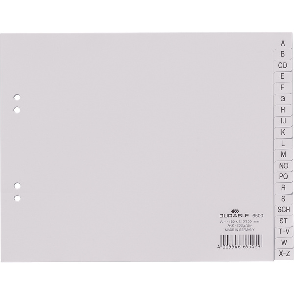 Durable 6500 Register DIN A4 A-Z Polypropylen Grau 20 Registerblätter geprägte Taben 650010
